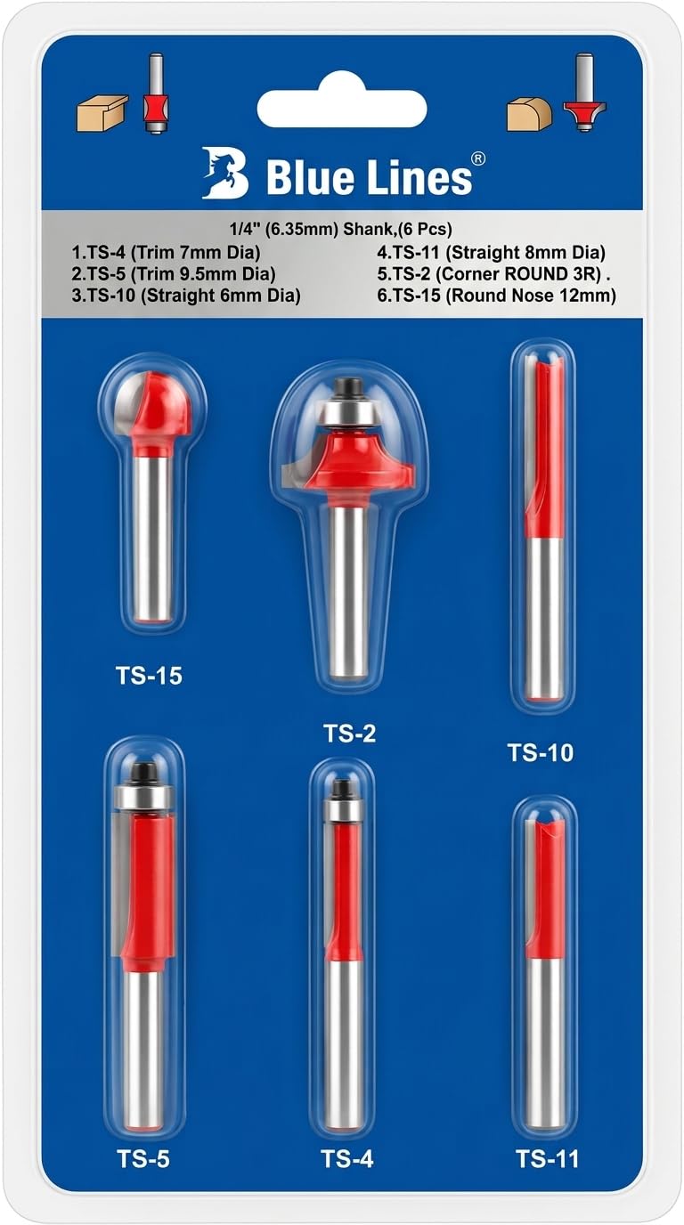 6pcs Industrial Wood Working Trimmer Router Bits Set with 6.35mm (1/4 Inch) Shank for Wood Shaping Carving Edge Trimming Grooving DIY Carpentry Furniture Making and Workshop Use Tool Kit-image-42