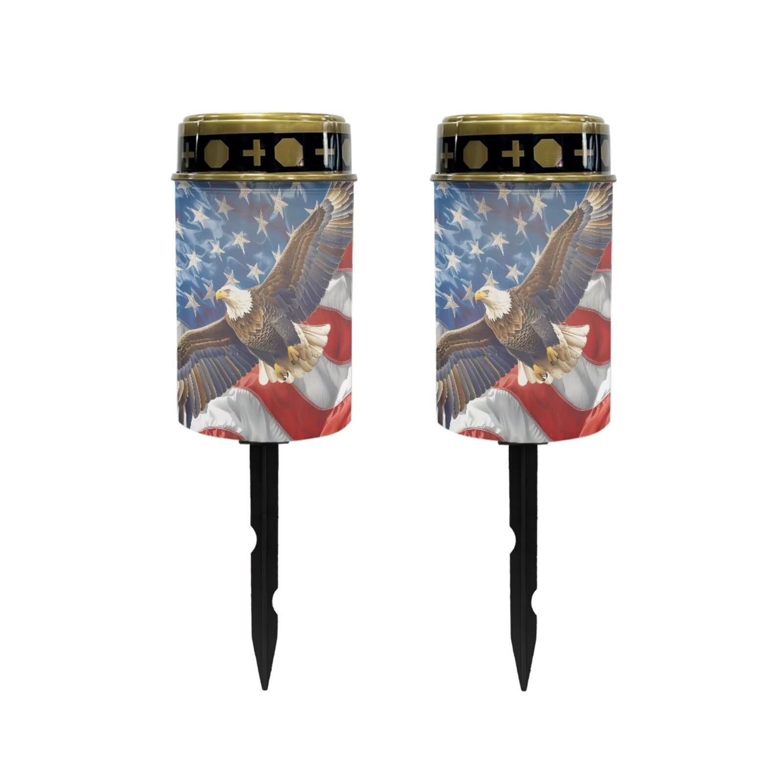 Poceacles Eagle American Flag Pattern Solar Lights Outdoor Waterproof Grave Lights for Cemetery LED Flameless Candle Cemetery Solar Pillar Candles Outdoor Decor, 2 Piece