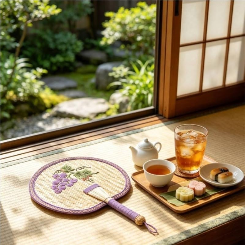 Handwoven Straw Hand Fan with Grape Embroidery Chinese Handheld for Cooling Home Decor