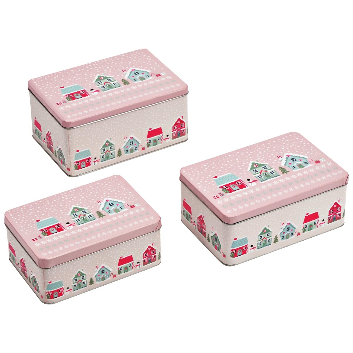 Gebäck-Dosen eckig Merry Christmas 3er Set - Plätzchendosen aus Metall Rosa Scandi Weihnachtsdorf Häuser für Plätzchen Kekse & Snacks