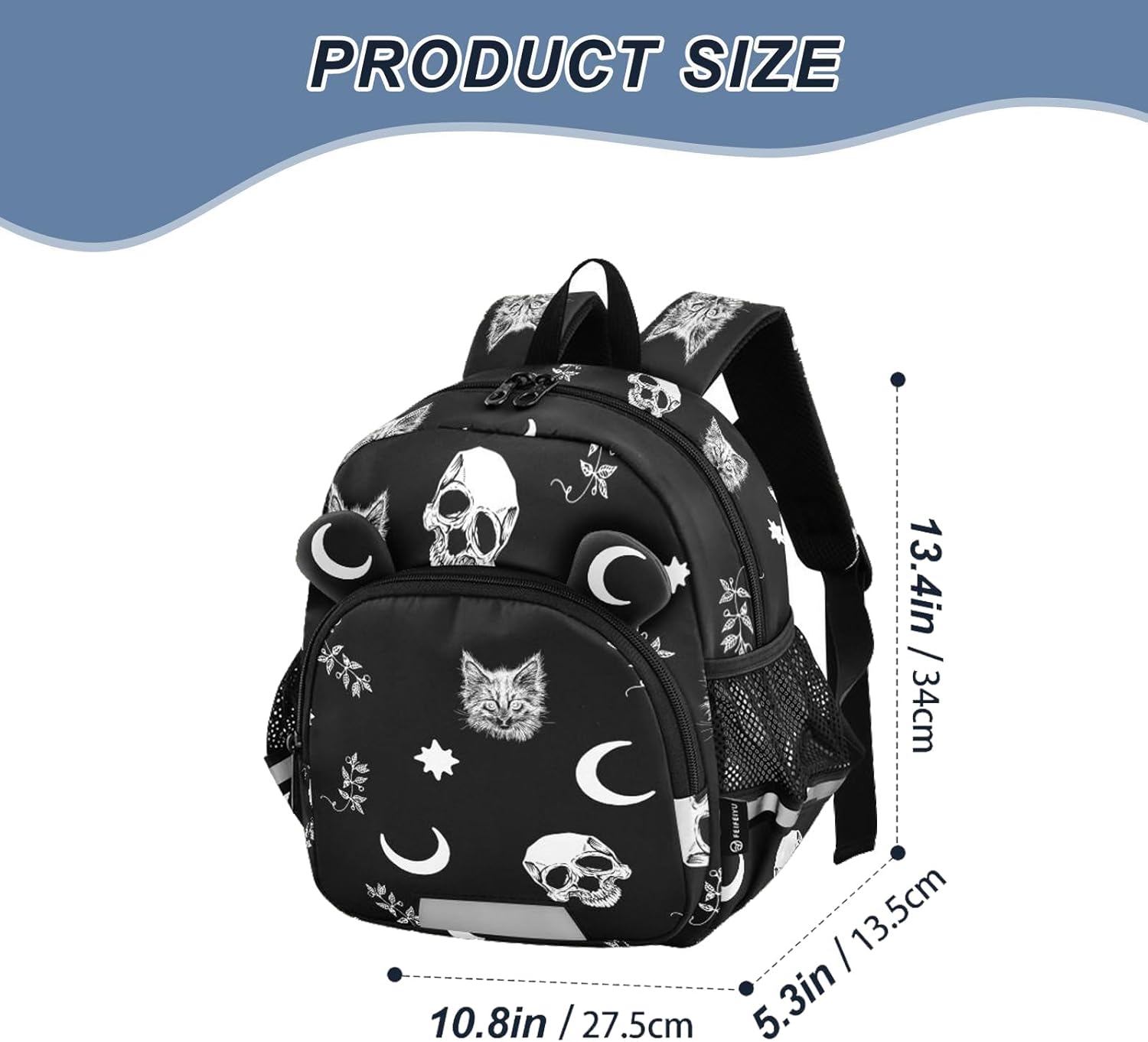 Gothic Skull Cat Moon Kids Backpack with Ears Reflective Strip for Boys Girls Elementary School Bag Removable Chest Strap