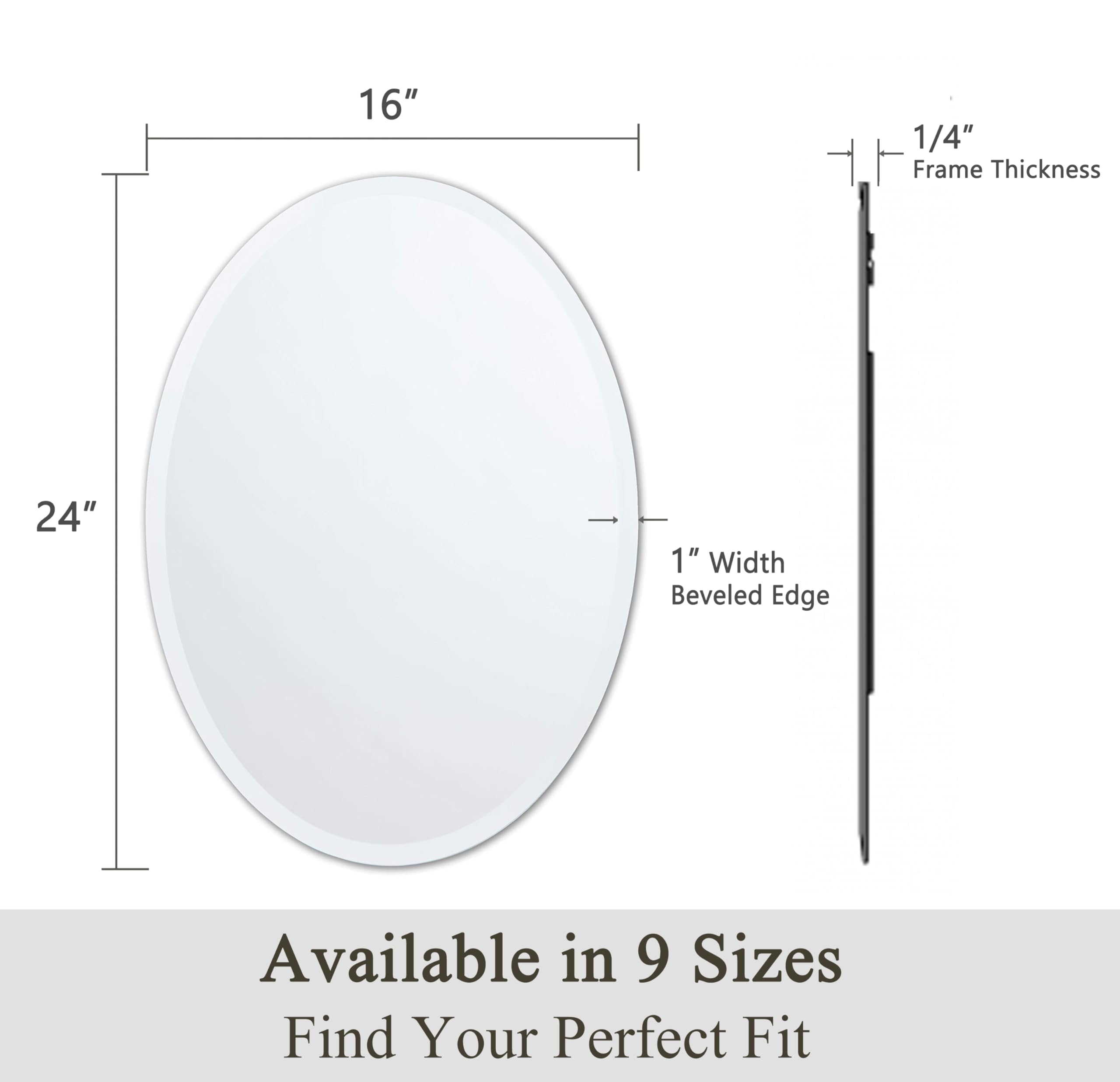 VocalStar Frameless Oval Mirror, 16" x 24" Bathroom Wall Mirror with Beveled Edge, Modern Decorative Vanity Mirrored for Living Room, Entryway, Bedroom | 1/4-Inch Shatterproof Glass
