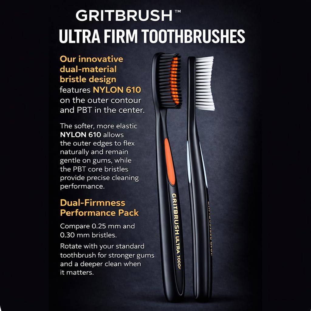 GRITBRUSH Firm Toothbrushes for Adults Hard & Extra Hard Bristles, Dual Stiffness Manual Toothbrush Set, Deep Cleaning, 4 Pack image 2
