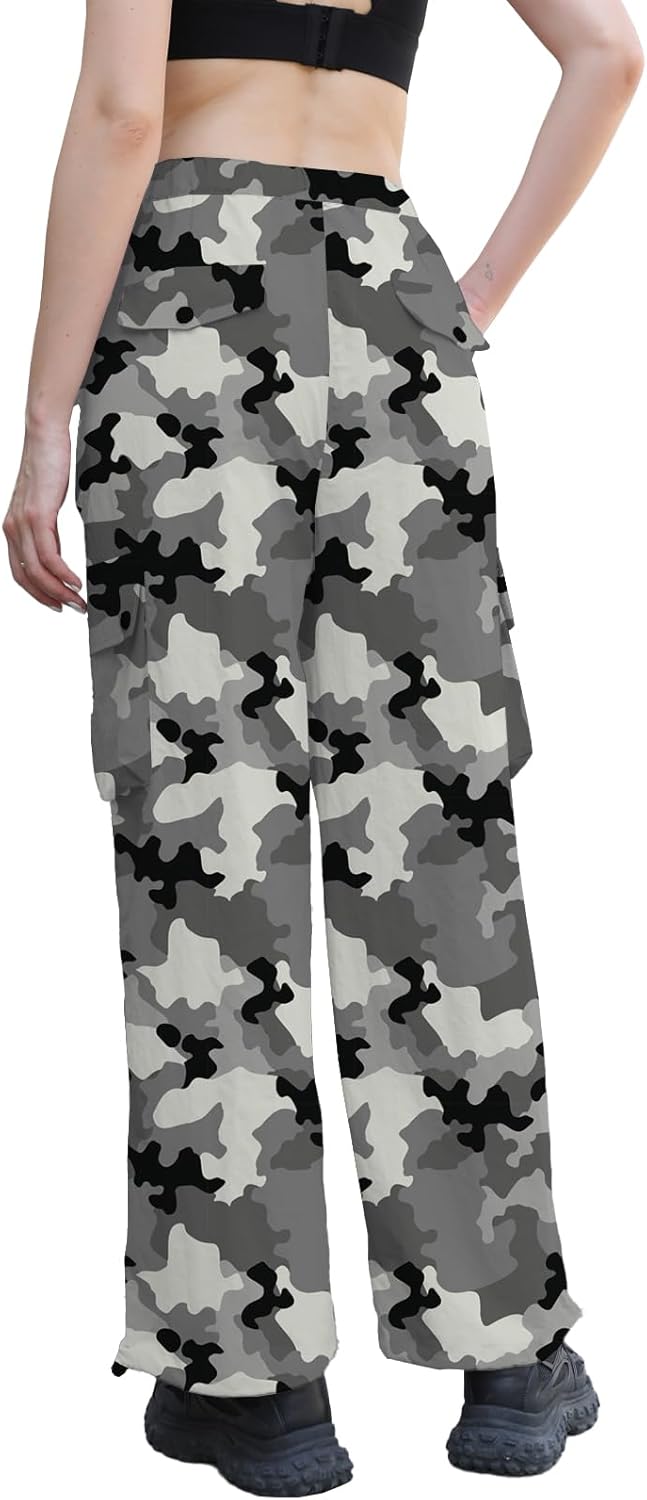 Cromoncent Womens High Waist Parachute Pants Y2K Cargo Trousers with Pockets, Camo Grey, S - Image 5