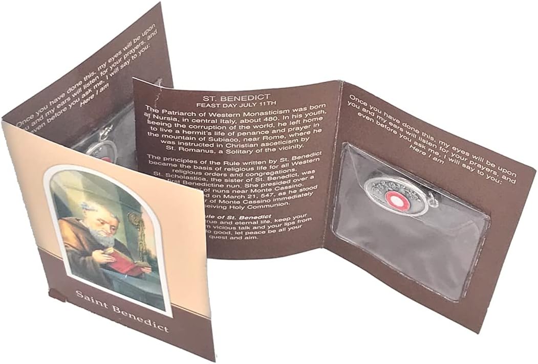 rosarybeads2urosarybeads2u Prayer Verse Card Saint St Benedict with Silver Coloured Metal Medal