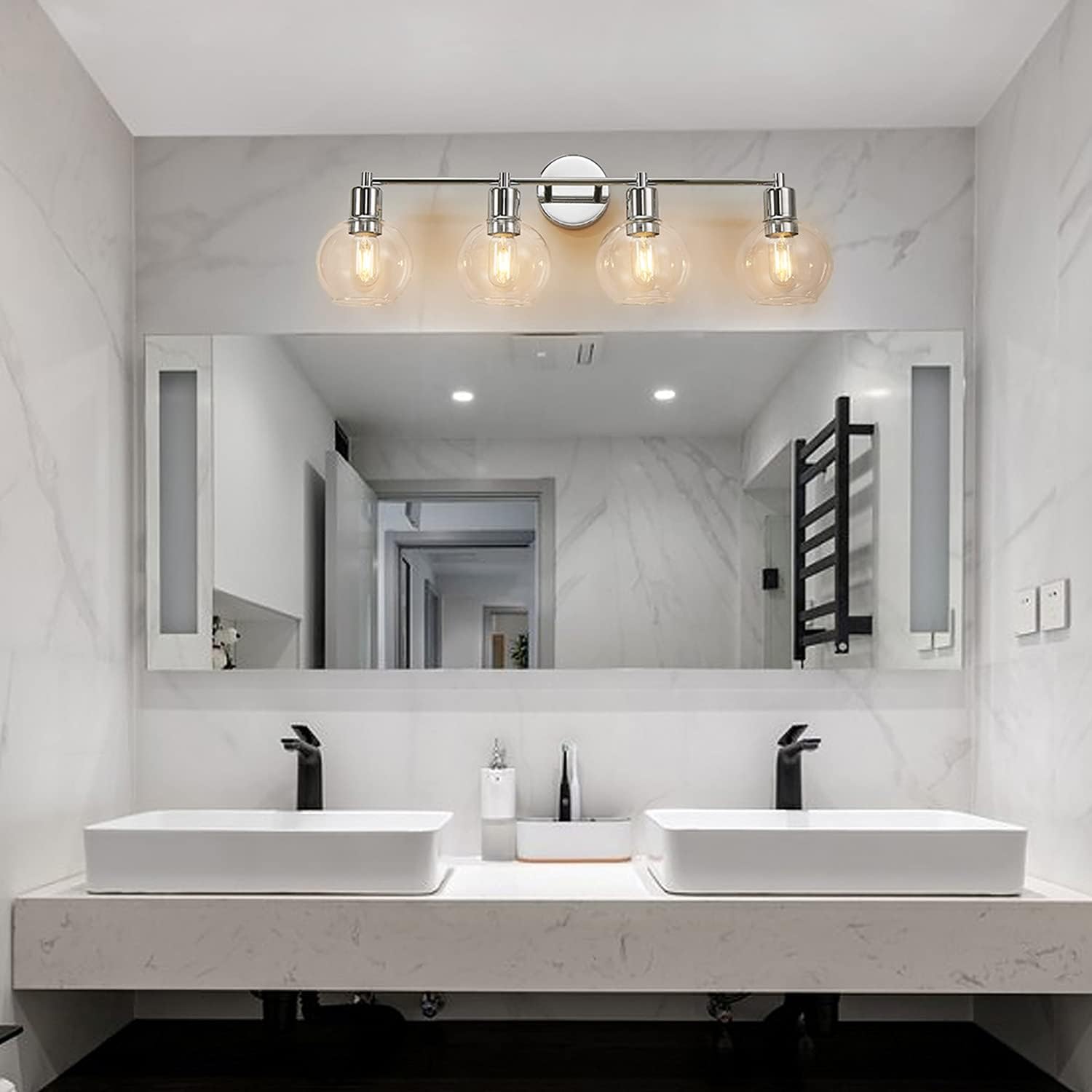 Get Cheap Price Globe Vanity Light Fixtures ,4-Light Modern Metal Chrome Finish Wall Sconce for Bathroom,31.5 inch Industrial Wall Lighting with Clear Glass Shade.(Chrome）