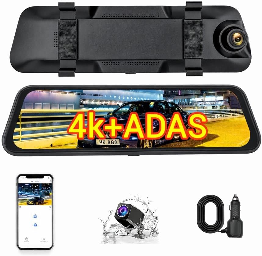 RS301 Streaming Mirror Dash Cam features a 10-inch mirror,4K+1080P video,Three-axis G-sensor,ADAS assistance,BSD assistance,WIFI connectivity, (Includes 256GB memory card)