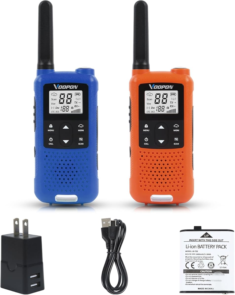 V22 Rechargeable Walkie Talkies for Adults 22 FRS Channels NOAA Weather Two Way Radios with LCD Screen Flashlight VOX Lithium Battery for Family Camping, Hiking, Skiing and Outdoor Adventures（2 Pack）