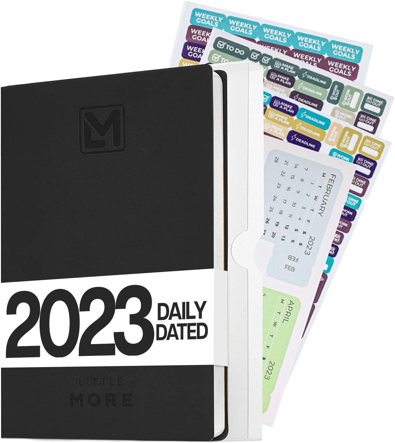 Little More Dated Daily Planner 2023 - One Page Per Day Planner to Help Stay Organized - Agenda 2023 Daily Planner for Men & Women - Includes Calendar & Organizing Stickers - 5.5”x8.5" - Black
