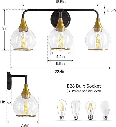 Miniatura 2 de Lámpara de tocador de baño negra y dorada, 3 luces, sobre espejo con pantalla de vidrio transparente, aplique de pared de 22.4 pulgadas (excluye