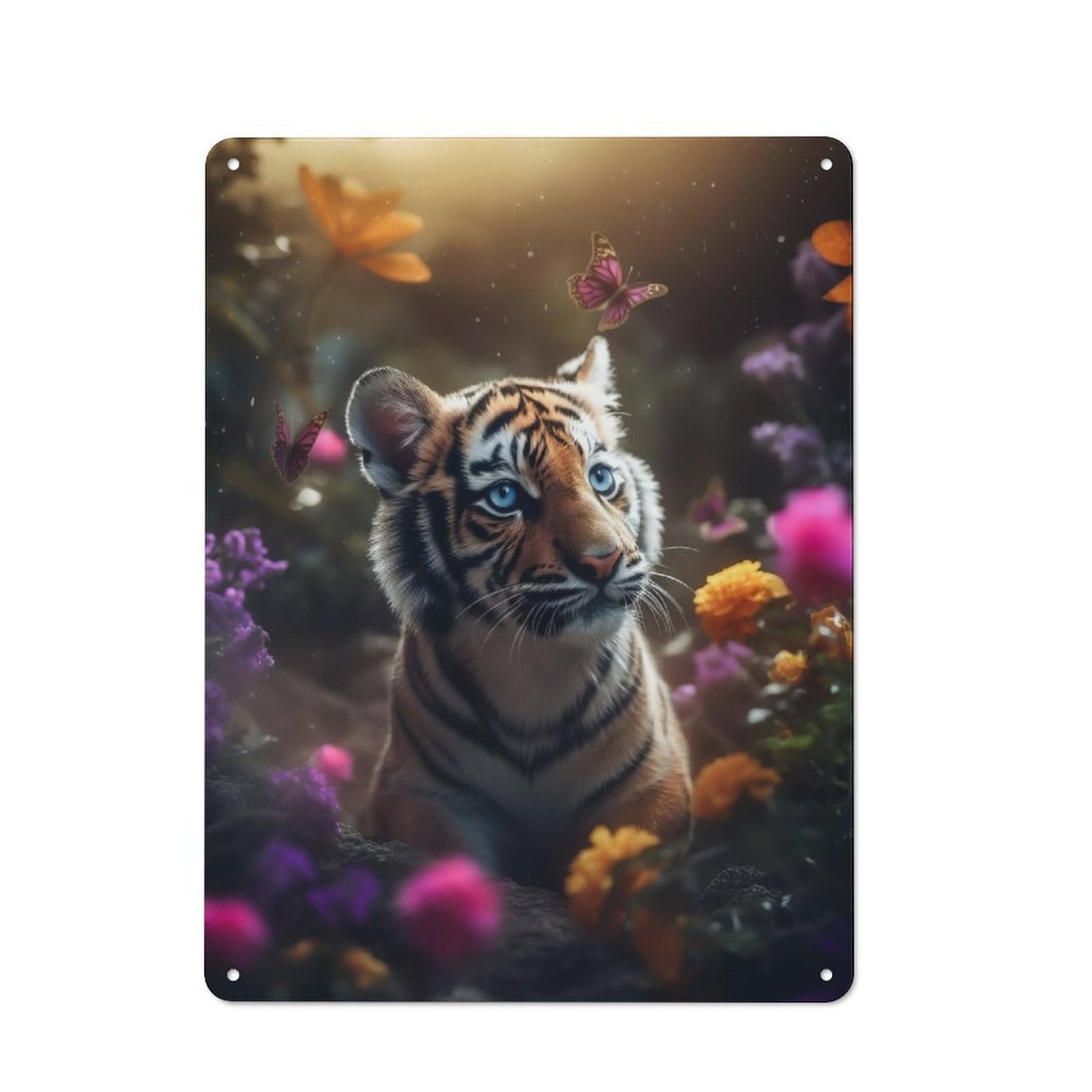 Junmoney Cute Tiger Cub Butterflies Rustic Metal Plaque 40X30cm For Studio Or Craft Room, Suited To Craft Room Decorators
