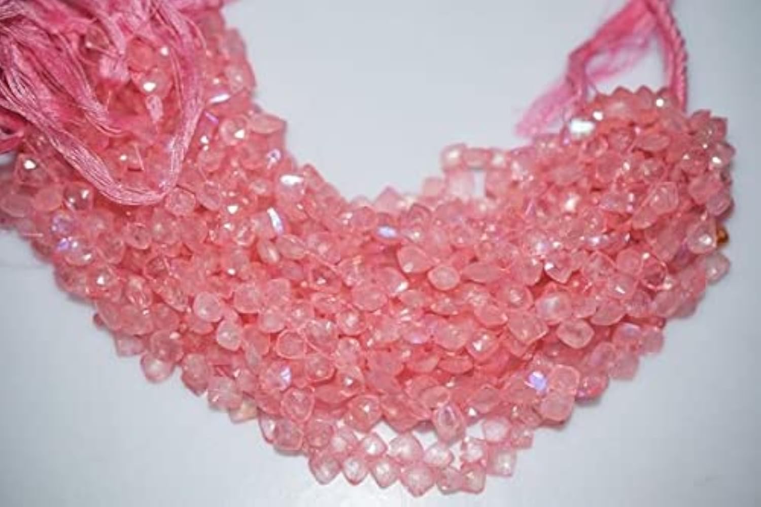 LKBEADS 8 Inch Strand, st, Beautiful Rose Pink RAINBOW Moonstone Faceted Cushion Shape Briolettes, Size : 6 To 6.50 mm