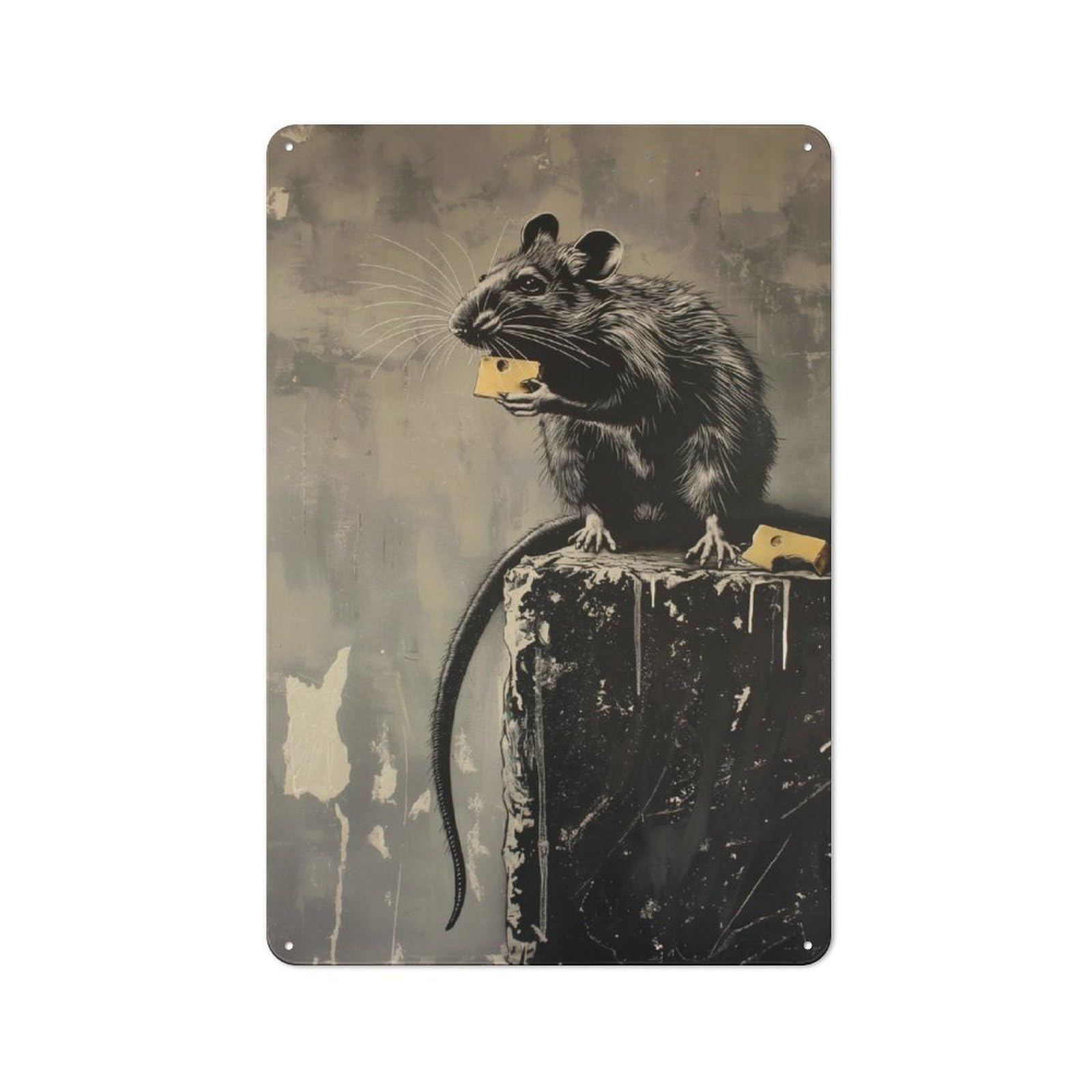 Retro Banksy Graffiti Rat Cheese Metal Wall Plaque 30x20cm, Nostalgic Wall Art for Living Room, Hallway, Kitchen Or Cafe
