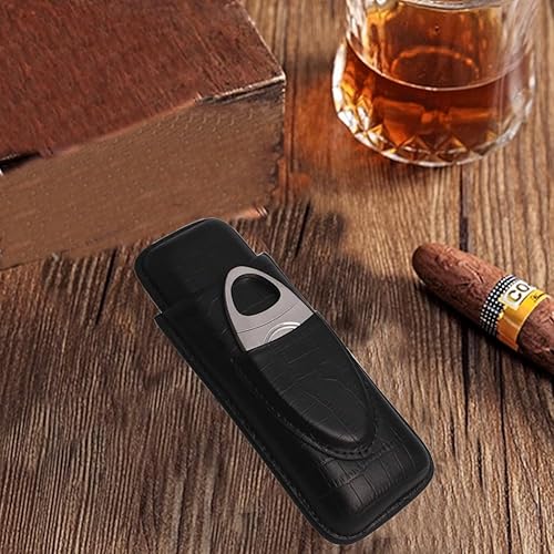 Miniatura 4 de AMANCY Sutil Pocket- Fitable ajustable 2 tubos de cuero genuino negro Cigar Case con cortador Set