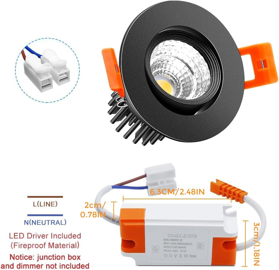 2Inch LED Recessed Ceiling Light, 3W Dimmable LED Downlight, 60 Beam Angle COB Recessed Lights with Driver, Warm White 3000K, 25W Halogen Bulbs Equivalent for Ceiling Lighting, 10Pack 3000k (Warm White) 10 Pack (Black)