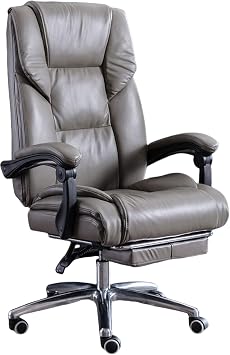 Office Chair, Executive Chair, Office Chair, Ergonomic High Back Comfortable Reclining with Footrest, Cowhide Leather, Thick Seat, Home Work, Popular, Stylish, Fatigue Free Gray