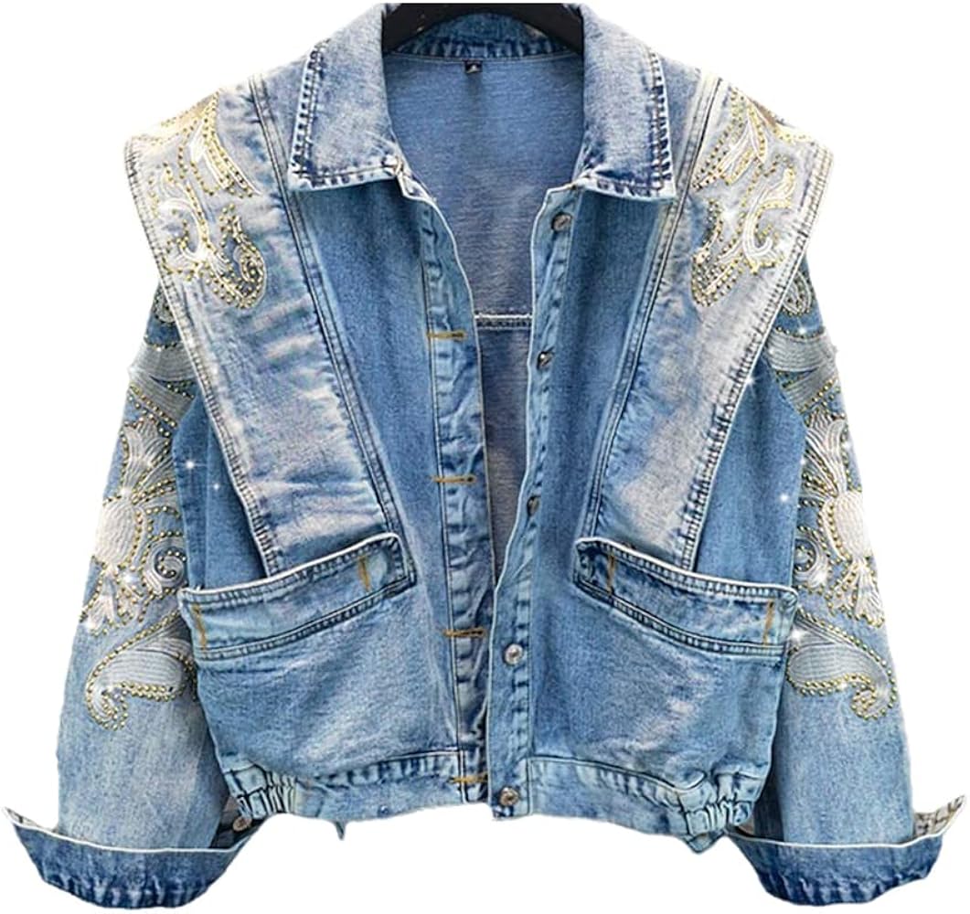 Amazon.com: Pulcykp Denim Jacket Embroidered Loose Slim Fit Denim