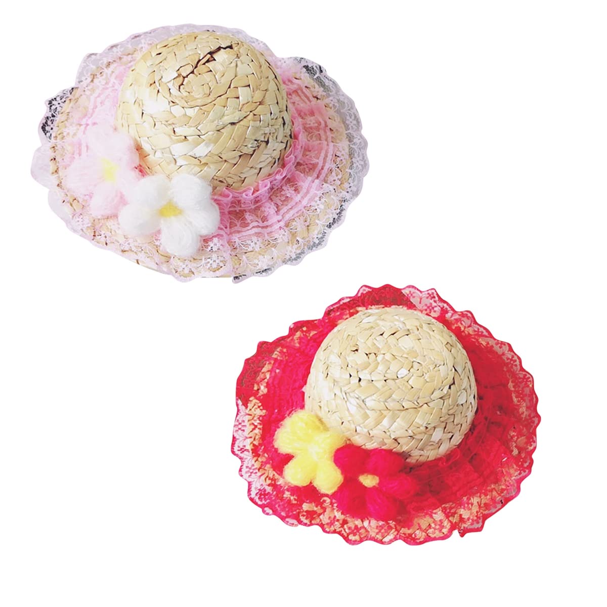 PetPhindU2pcs Dog Hat Straw Hat with Adjustable Drawstring Dog Hat Fashion Pet Dog Cat Hat Round Brim Cap Dog Sun Hat Pet Costumes Headwear Accessories Hat for Pet Puppy Cat with Lace Trim