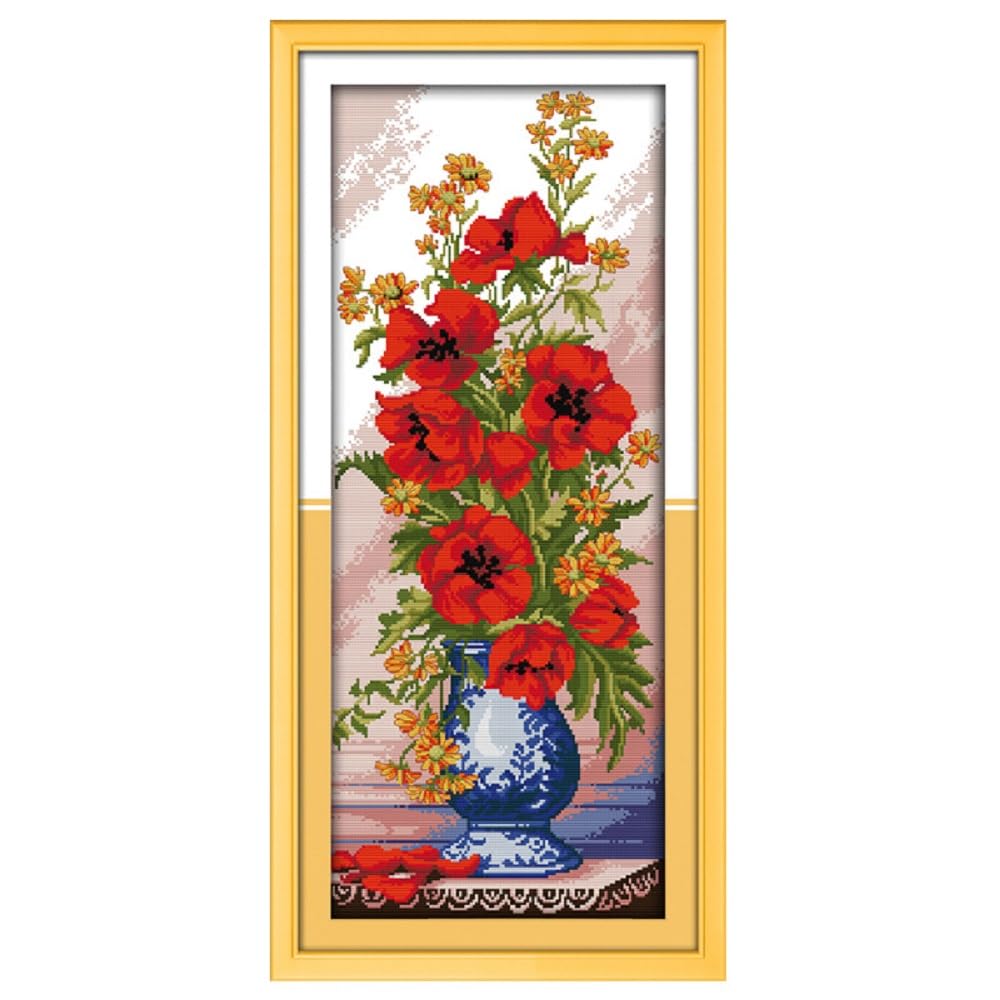 Rosyfoxes Cross Stitch Kits Stamped Full Range of Embroidery Starter Kits for Adult DIY- Printed kit Poppy Celadon vase(Printed) 11ct 3-strands15×32.3 inches