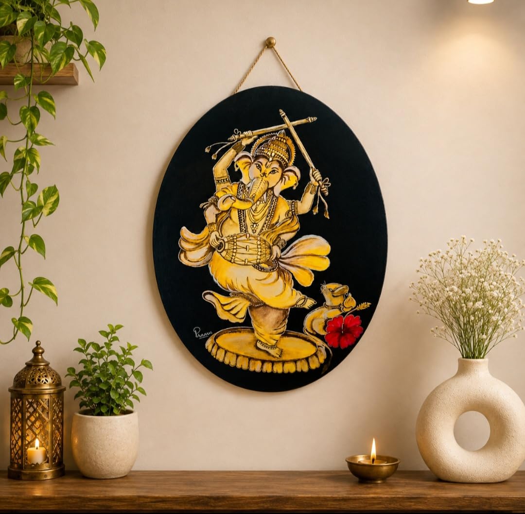 PRANU ART GALLERY Acrylic Handmade Oval Shape Canvas Streatch Board Painting I Size 12 x 16,inches I SHRI GANESHA-picture-32