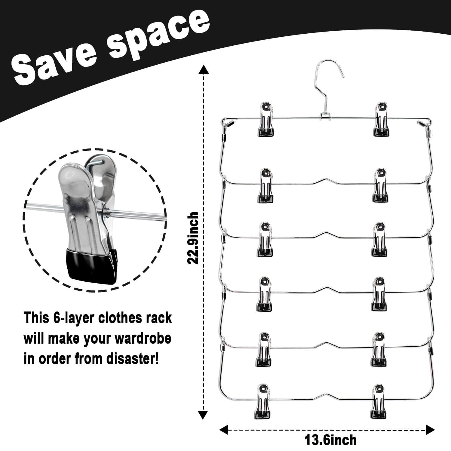 Perchas para faldas y pantalones con clips, perchas de 6 niveles para faldas que ahorran espacio, metal, organizador de armario antideslizante y almacenamiento para múltiples prendas y pantalones