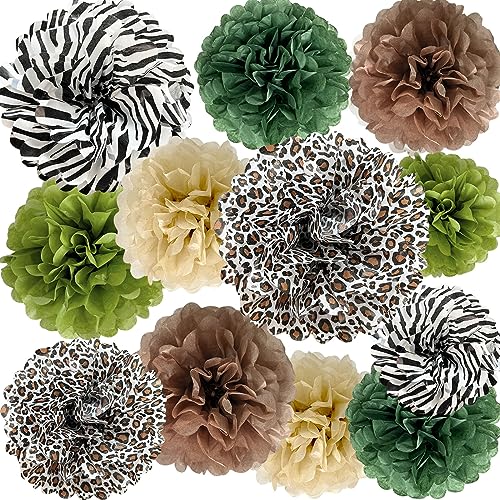 ANSOMO Jungle Safari Tissue Paper Pom Poms Wild Animal Leopard Zebra Print Cheetah Party Decorations Sage Green Brown Flowers Wall Hanging Décor Table Centerpieces Supplies Birthday Bridal Baby Shower