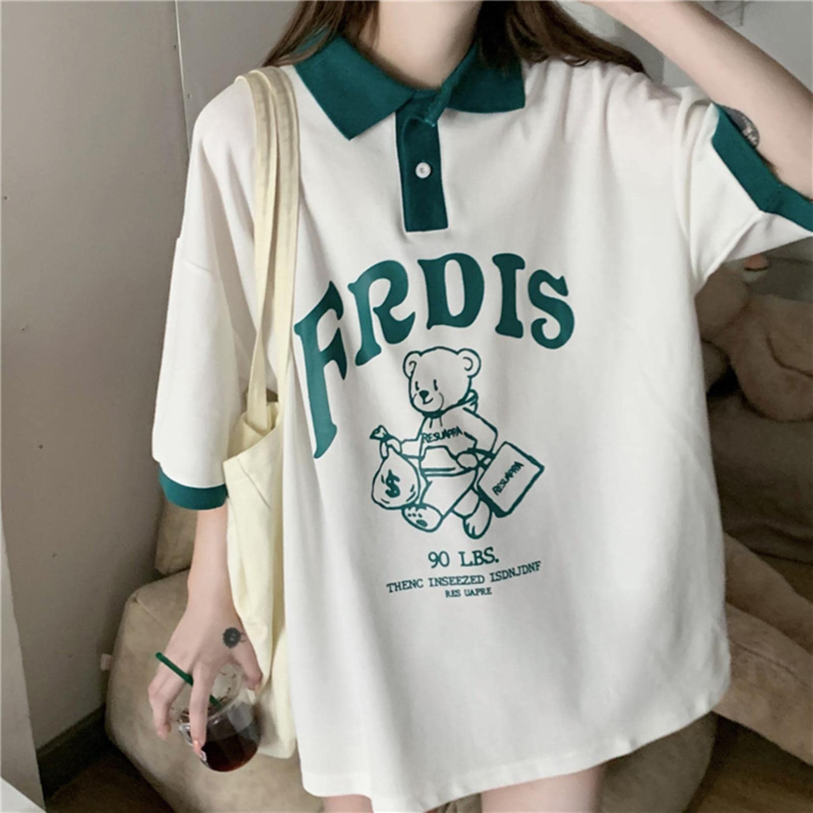 Camiseta para Mujeres Camisa de Gran tamaño de Manga Corta Lapa de Oso Informal-White,L