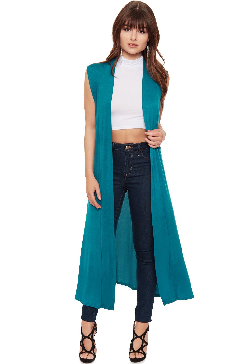 Wearall Women's Teal Long Maxi Open Sleeveless Top Jacket Collar Plain Cardigan - 8-10