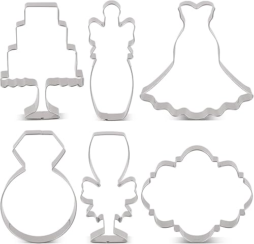 LILIAO Juego de cortadores de galletas de boda para aniversario, novia, compromiso, 6 piezas, anillo de diamantes, vestido de novia, pastel, placa,