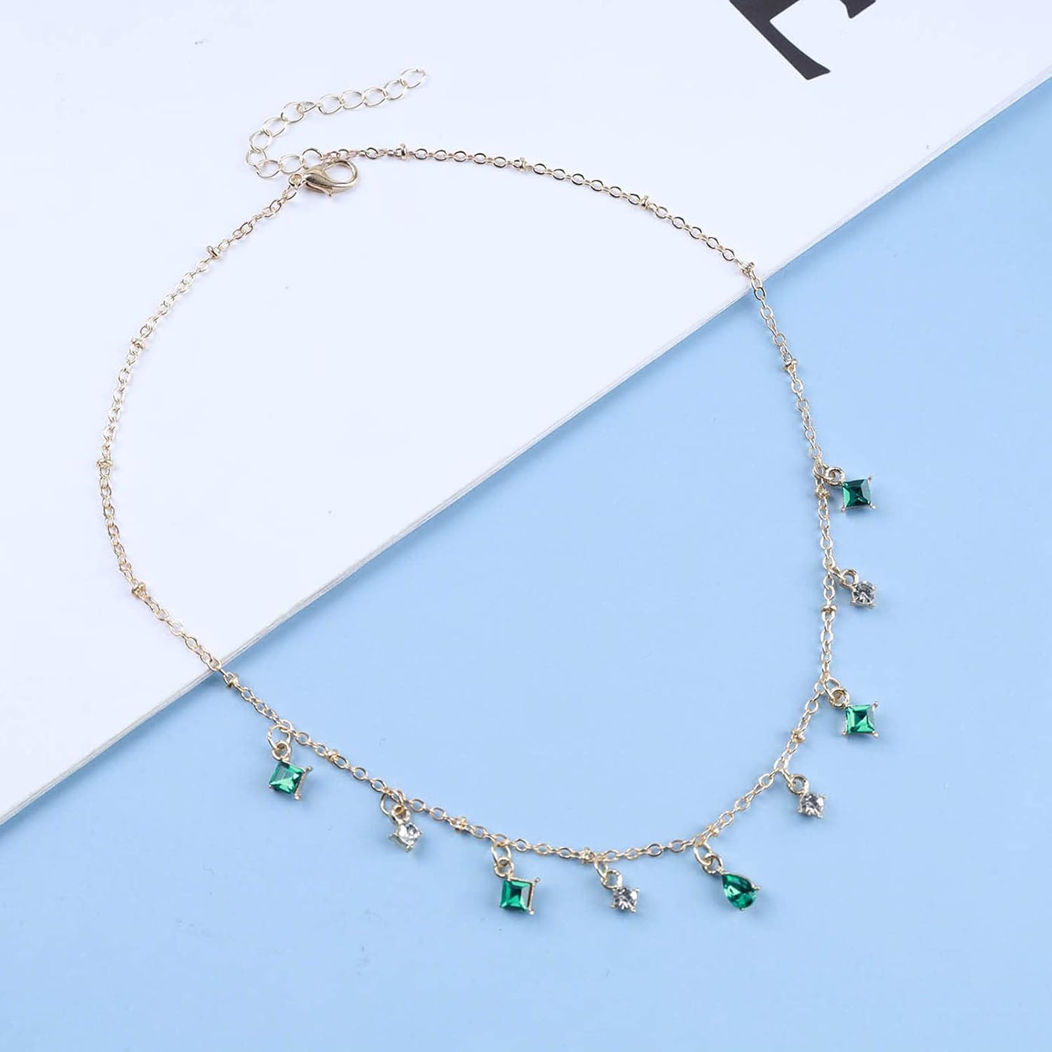 Vintage Tiny Teardrop Emerald Dangle Necklace Cz Rhinestone Choker Necklaces Emerald Pendant Necklaces Small Green Square Necklace Jewelry for Women - Image 3