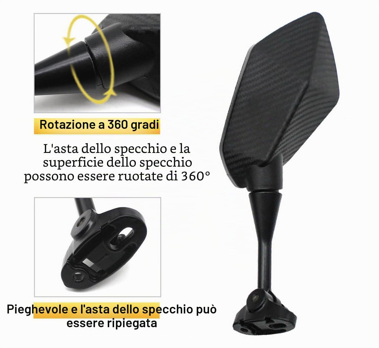 Specchietti Retrovisori Omologati in ABS - Pentagonale a Diamante per Moto, Ruotabile a 360 Gradi con Viti