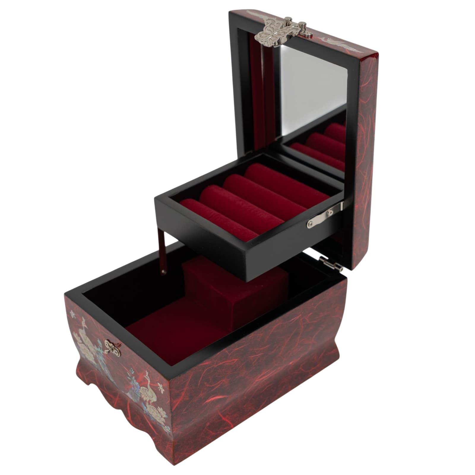 February Mountain Joyero musical de madreperla con espejo y soporte para anillos, caja de música, organizador de joyas tocando melodía Arirang, caja de joyería de pavo real, regalo para mujeres