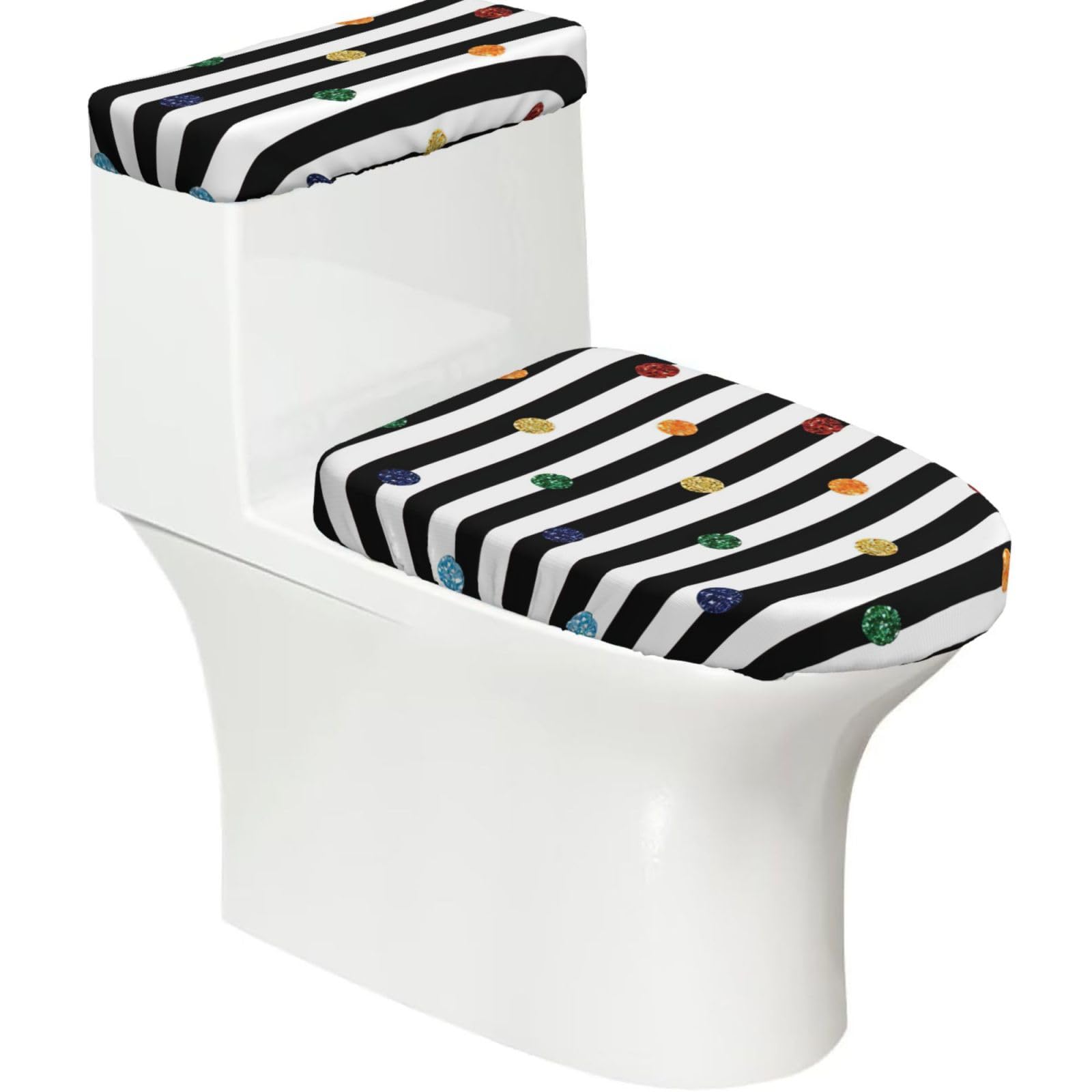 Glitter Rainbow Polka Dot Stripe Black and White Print 2-Piece Stretch Toilet Cover Set, Elastic Breathable Toilet Seat and Tank Lid Protector
