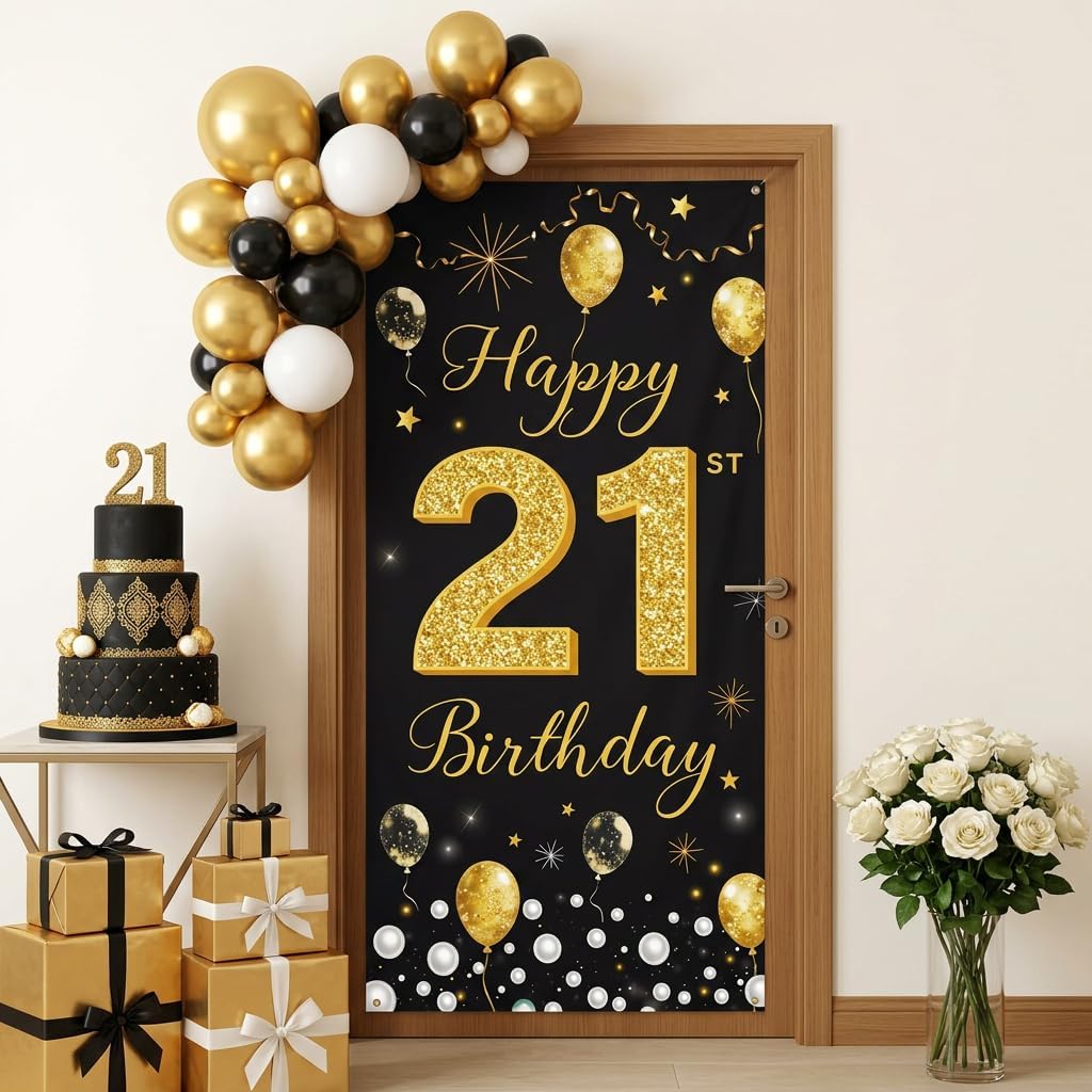 Black Gold 21st Birthday Door Banner, Glittery Party Wall Decoration(G)