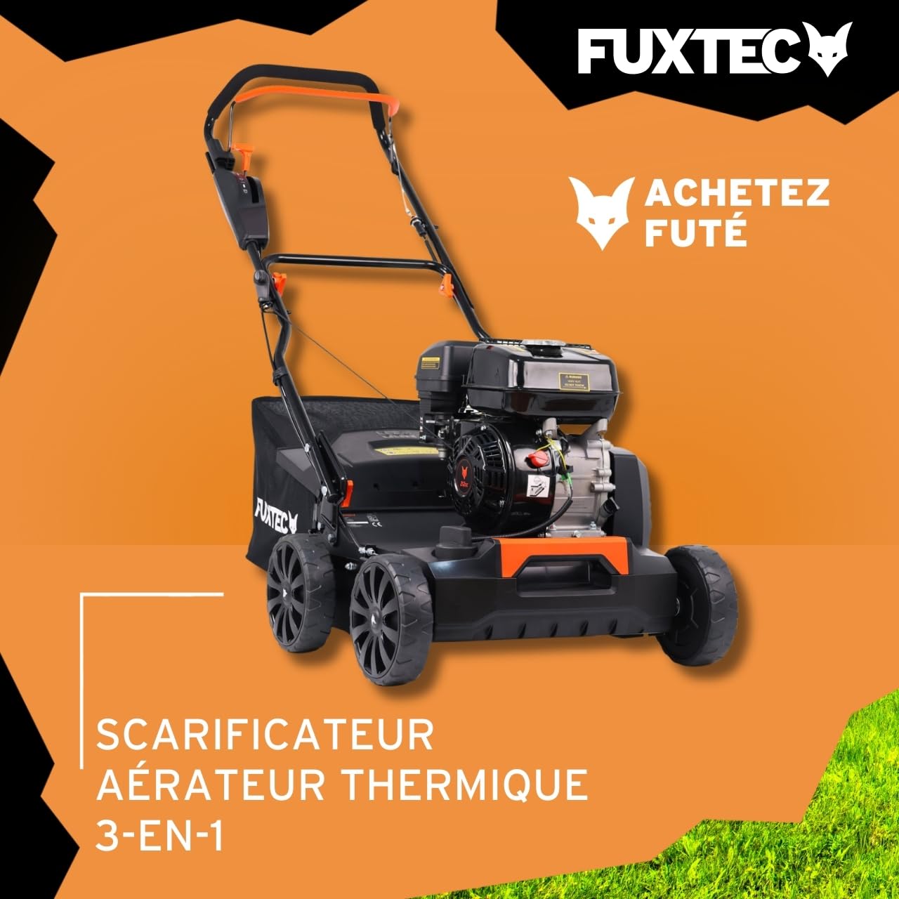 FUXTEC Scarificateur Aérateur Thermique 3en1 FX-BV240 Moteur 4 Temps 4,1kW Rouleau 18 Lames et 24 Griffes à Ressort Poignée de Transport et bac de ramassage de 45L
