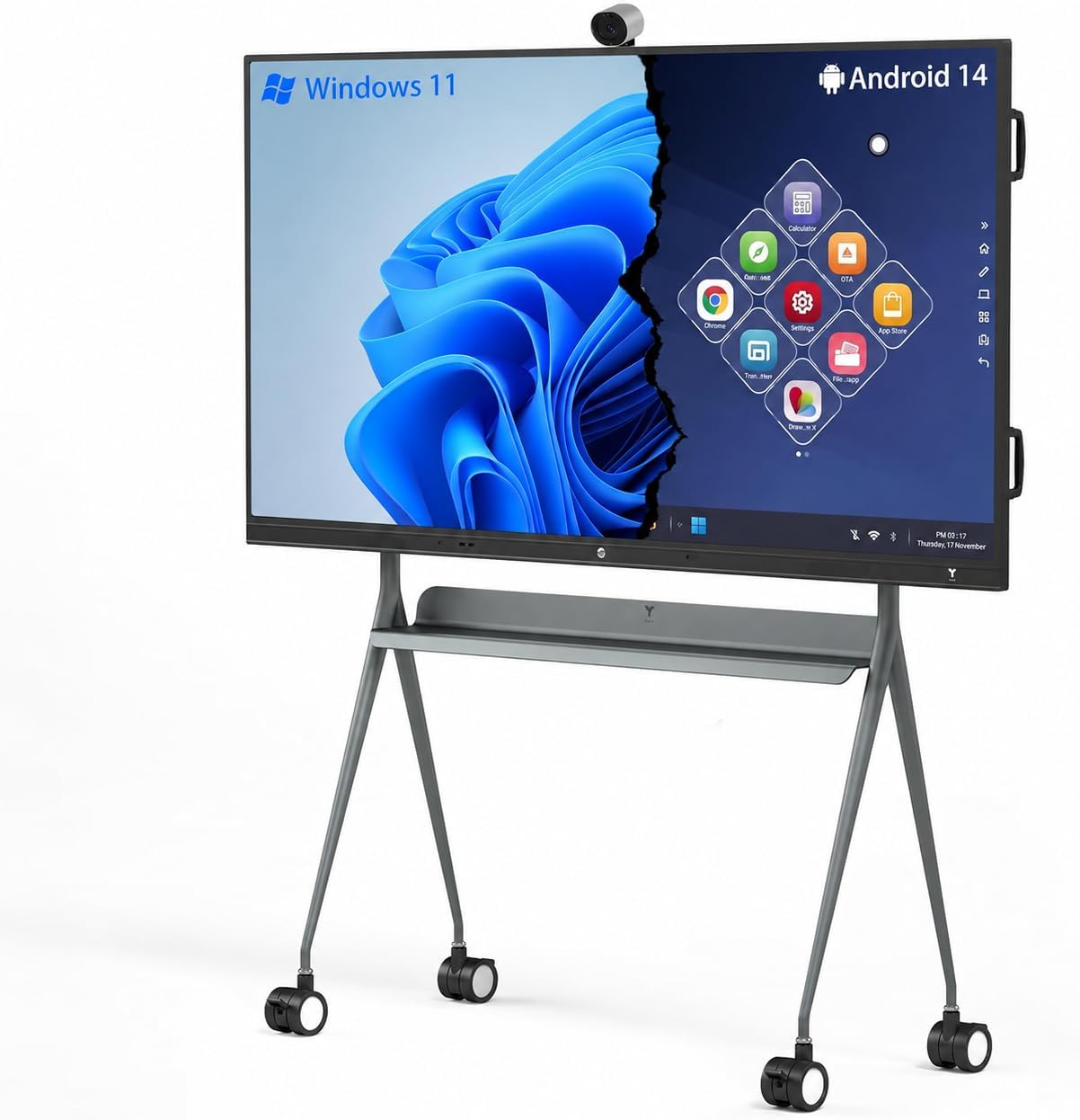 TIBURN HQ Board 75" R3 MAX Dual OS Smart Board with 4K Auto-framing Webcam | Google EDLA 4K Smart Whiteboard Android 14 & Windows 11 Pro with Stand for Classrooms Meetings Hybrid Collaboration