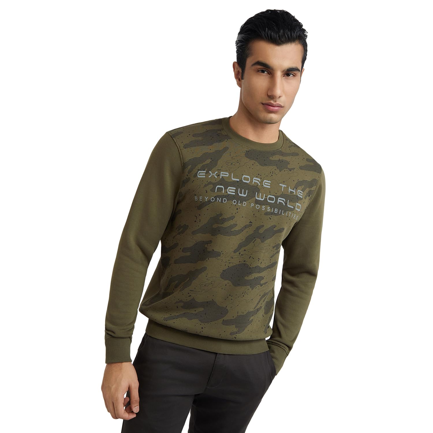 parx Men's Regular Fit Cotton Polyester Blend Round Neck Print Pattern Full Sleeve Dark Green Casual Sweatshirt-picture-37
