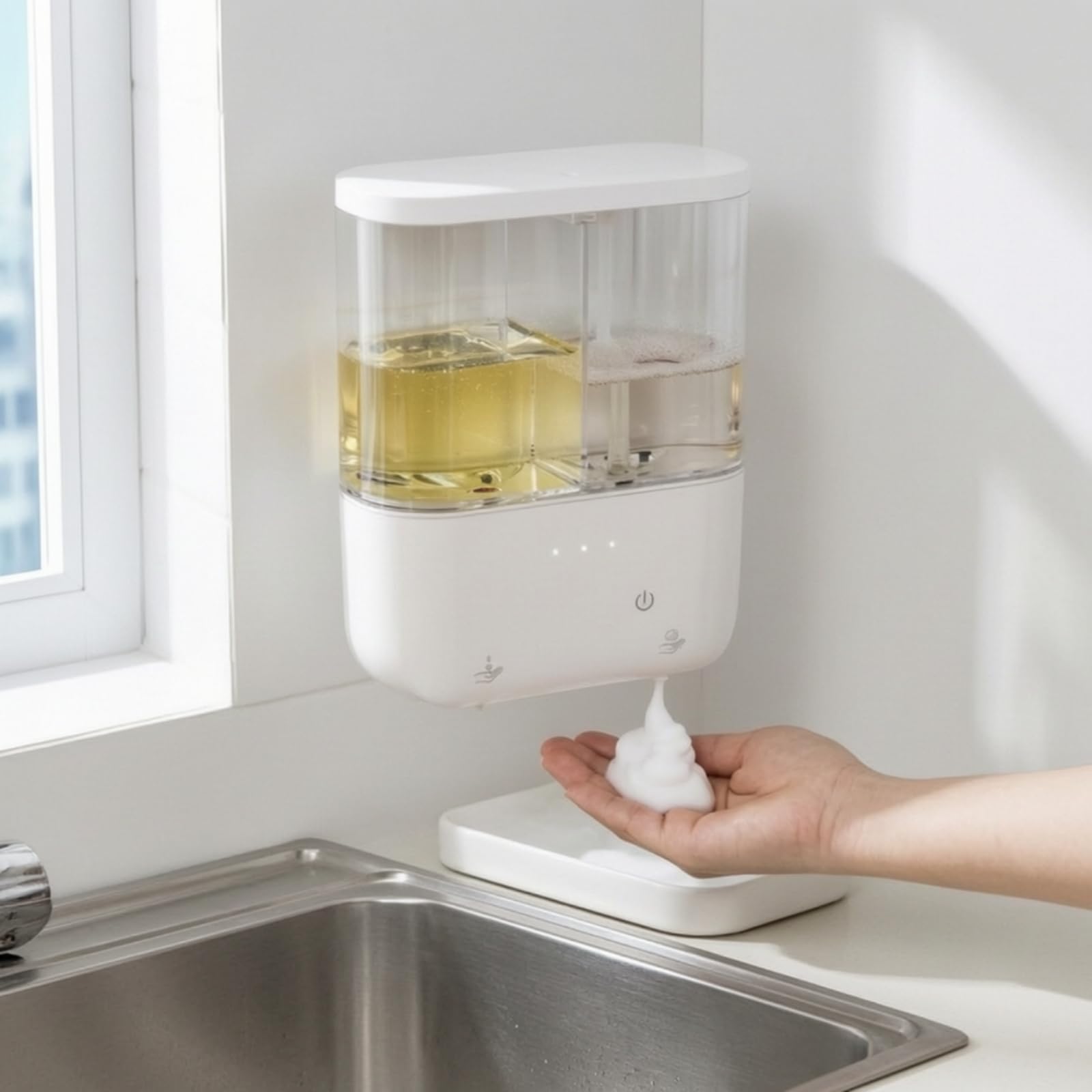Dispenser di Sapone con Due Scomparti Touchless Dispenser di Sapone a Due Scomparti Compatto Dispensatore per Cucina