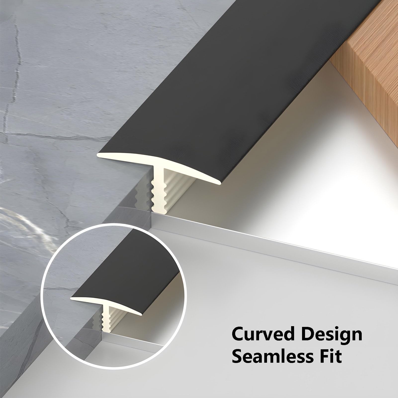 3 Pcs T Shape Transition Strip Grey PVC Floor Joint Threshold Trim Flat Partition Edge Molding 35.4"x1.4" (90x3.6cm) for Seamless Flooring Finish