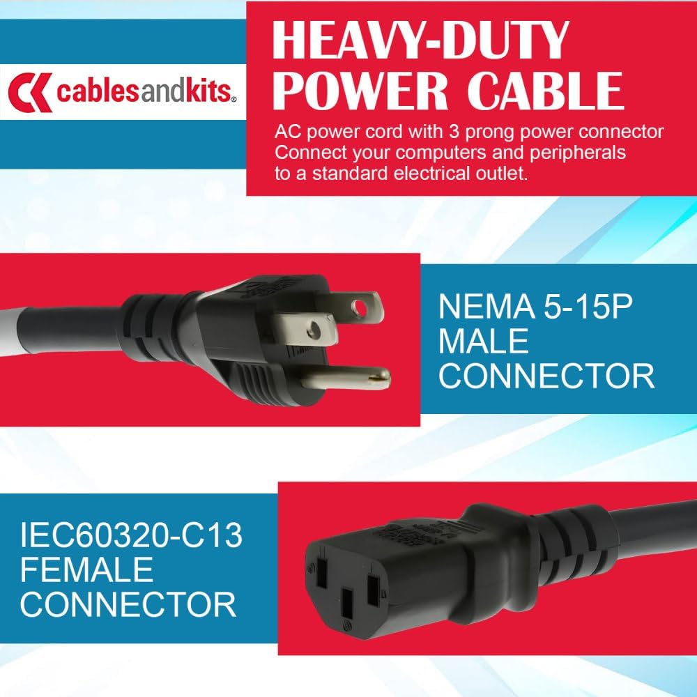 CablesAndKits - Heavy Duty AC Power Cord 20ft (6m) - 3 Prong Replacement Power Cord, 15A/125V,14 AWG, NEMA 5-15P to IEC-60320-C13-3 Conductor AC Cable for PC, Monitor, and Workstation Devices