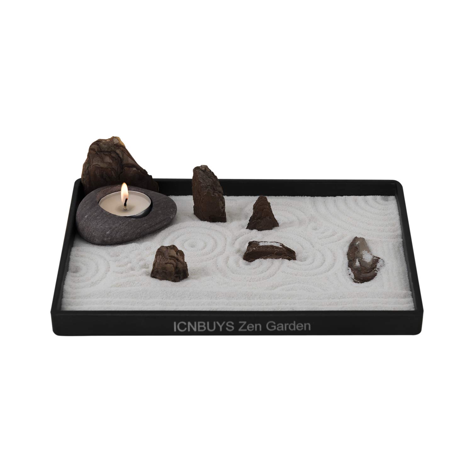 ICNBUYS Juego de portavelas de jardín zen hecho a mano, diseño de bosque de madera con herramientas de jardín zen, arena, bandeja base y accesorios