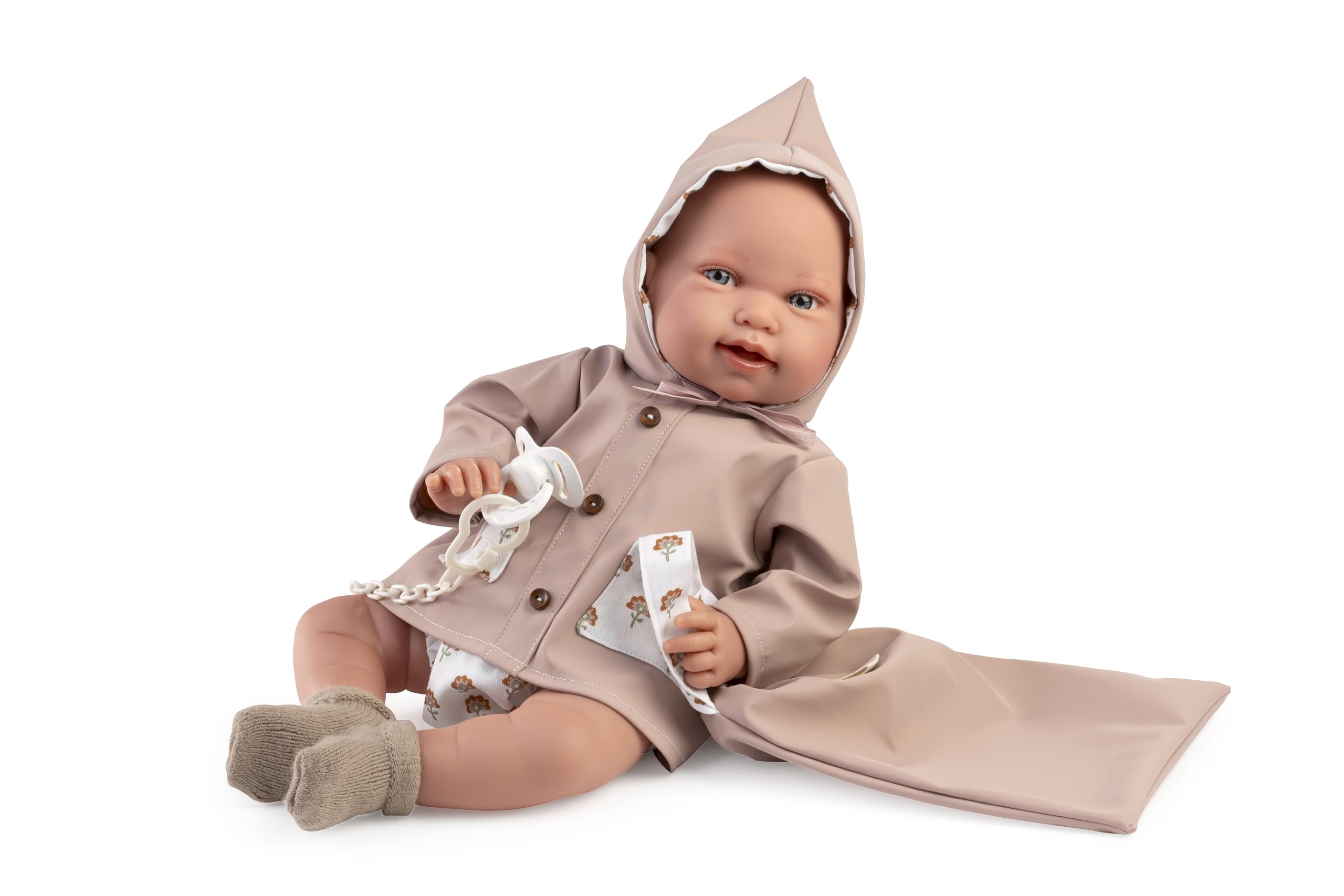 Muñecas Antonio Juan Recién Nacida Pipa con Chubasquero, 42 cm, Cuerpo Blandito, Incluye Bolsita, Chupete y Calcetines, Multicolor, 3 Años