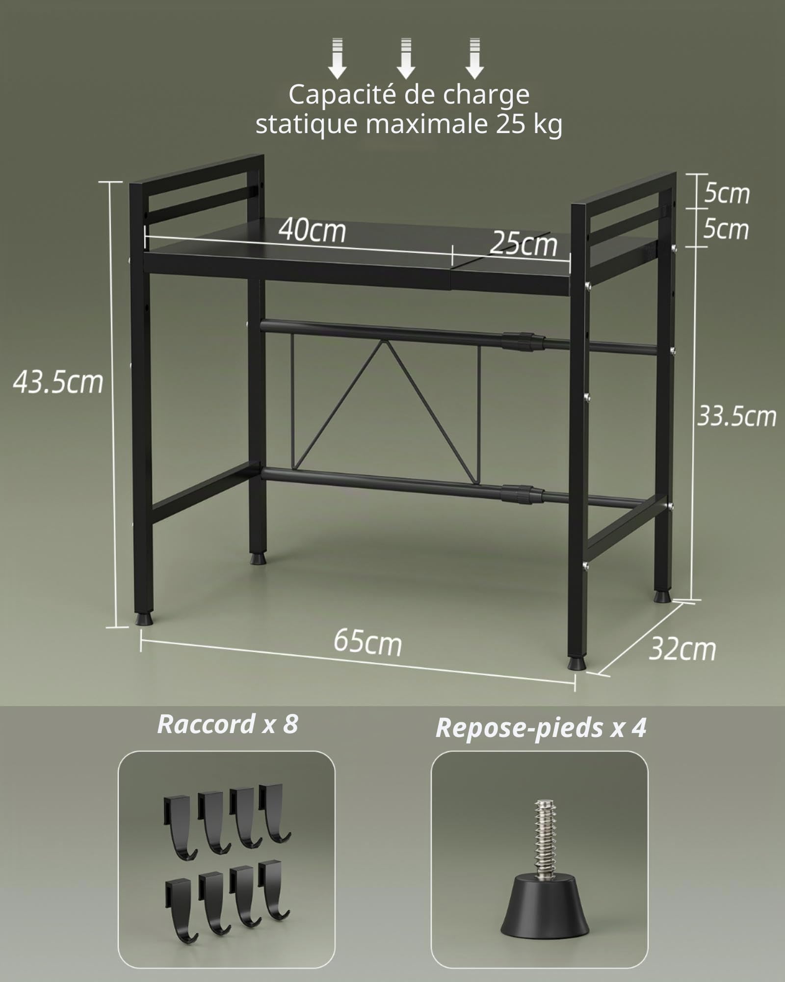 NETEL Support Micro-Ondes 2 Niveaux Extensible, Étagère Plan Travail pour Four, Rangement Micro-Ondes avec Crochets, Noir