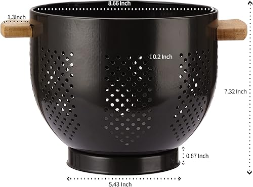 Miniatura 2 de Colador de metal con mango de madera y base estable, cesta coladora de cocina de acero con recubrimiento en polvo para escurrir pasta, verduras y