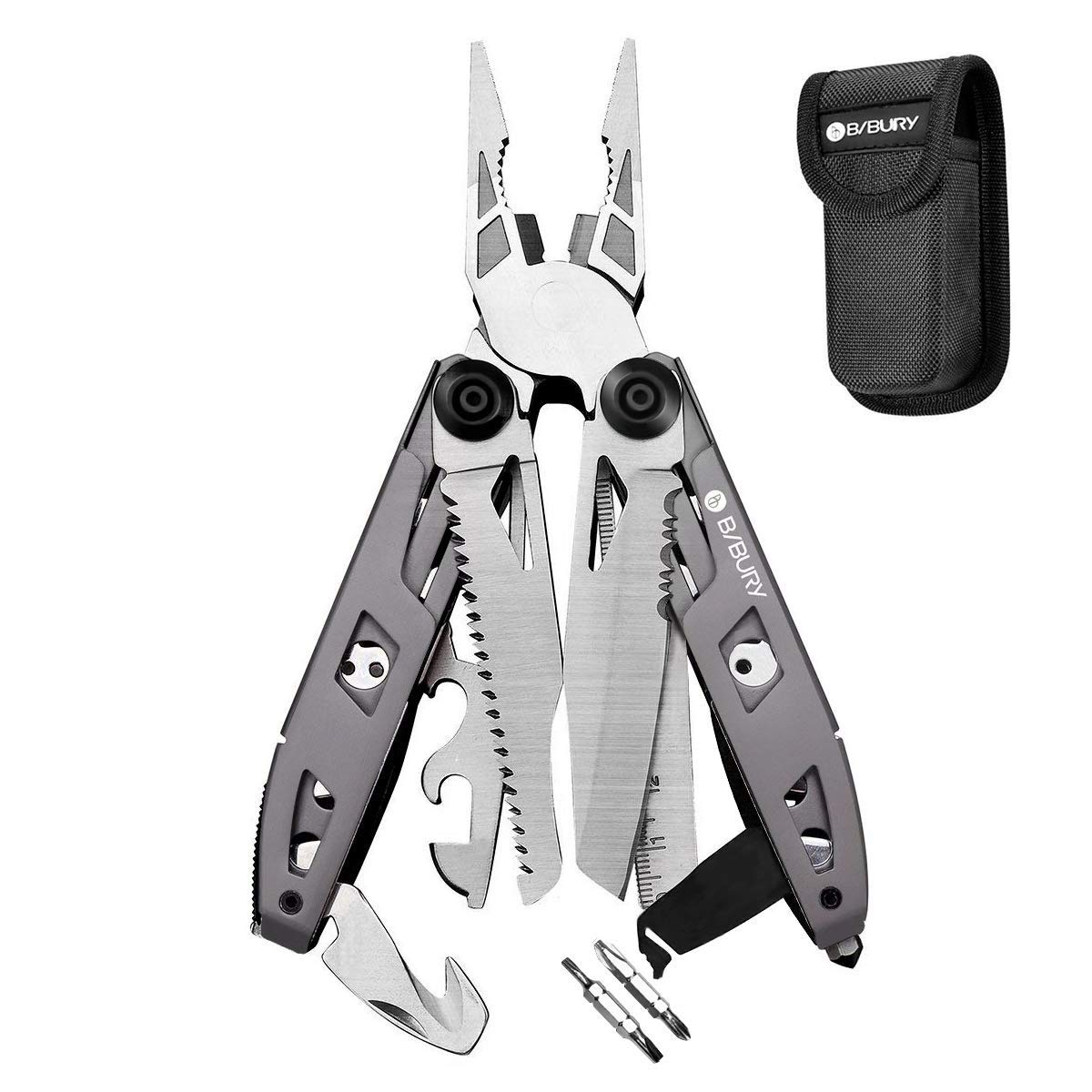 BIBURY 18 in 1 Multitool zang, Taschenwerkzeug, Titan-Griff Design Faltbares Multitools Edelstahl, Multiwerkzeug, Multifunktionale mit Schraubendreher Säge für Camping Reparieren, Geschenke für Männer