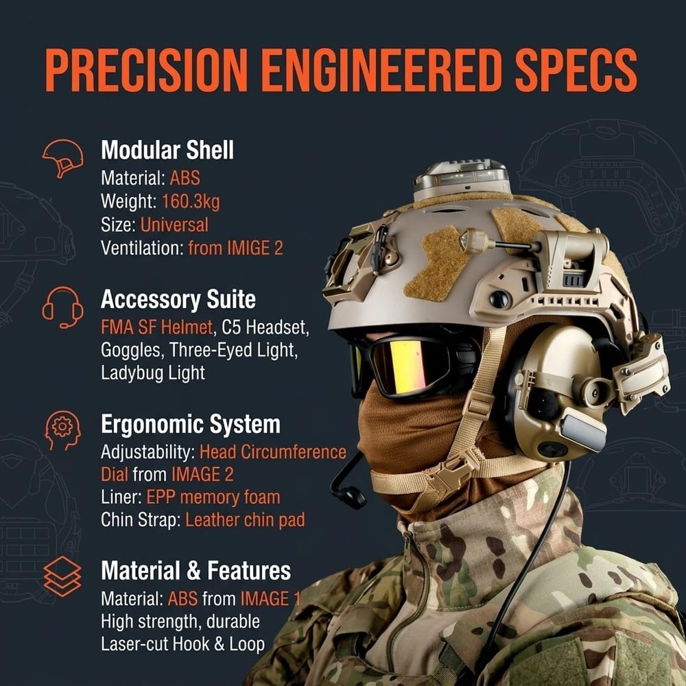 Taktisches Helm-Set, Dual-Lichter, Schutzbrille, Headset und Maske | Komplettes verstellbares Helmset, Doppellichter, Schutzbrille, Headset und Gesichtsmaske