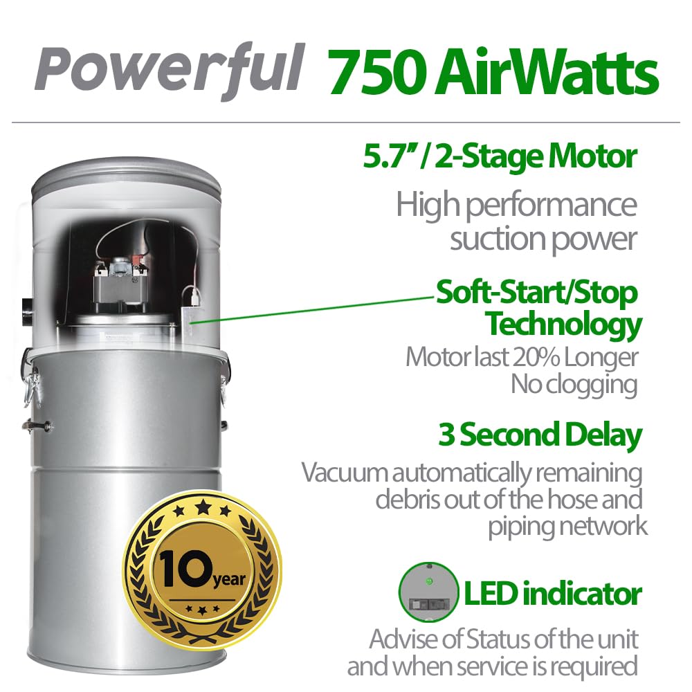 OVO Heavy Duty Powerful Central Vacuum System, Hybrid Filtration (with or Without Disposable Bags) 35L or 9.25Gal, 750 Airwatts with 35ft Deluxe Accessory kit Included