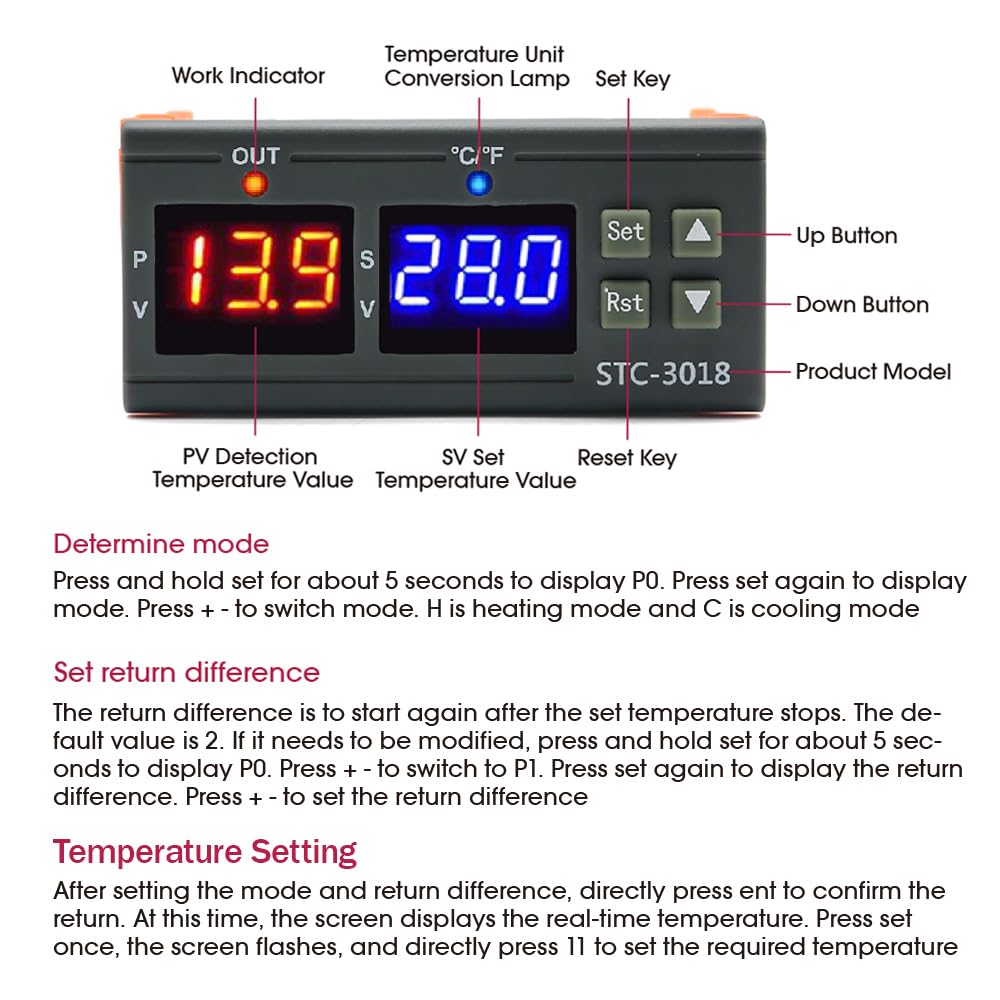 1 pz STC-3018 Doppio regolatore di temperatura digitale Due uscite relè DC12V 24V AC220V Termostato termoregolatore con riscaldatore e raffreddatore(STC-3018 AC110-220V)