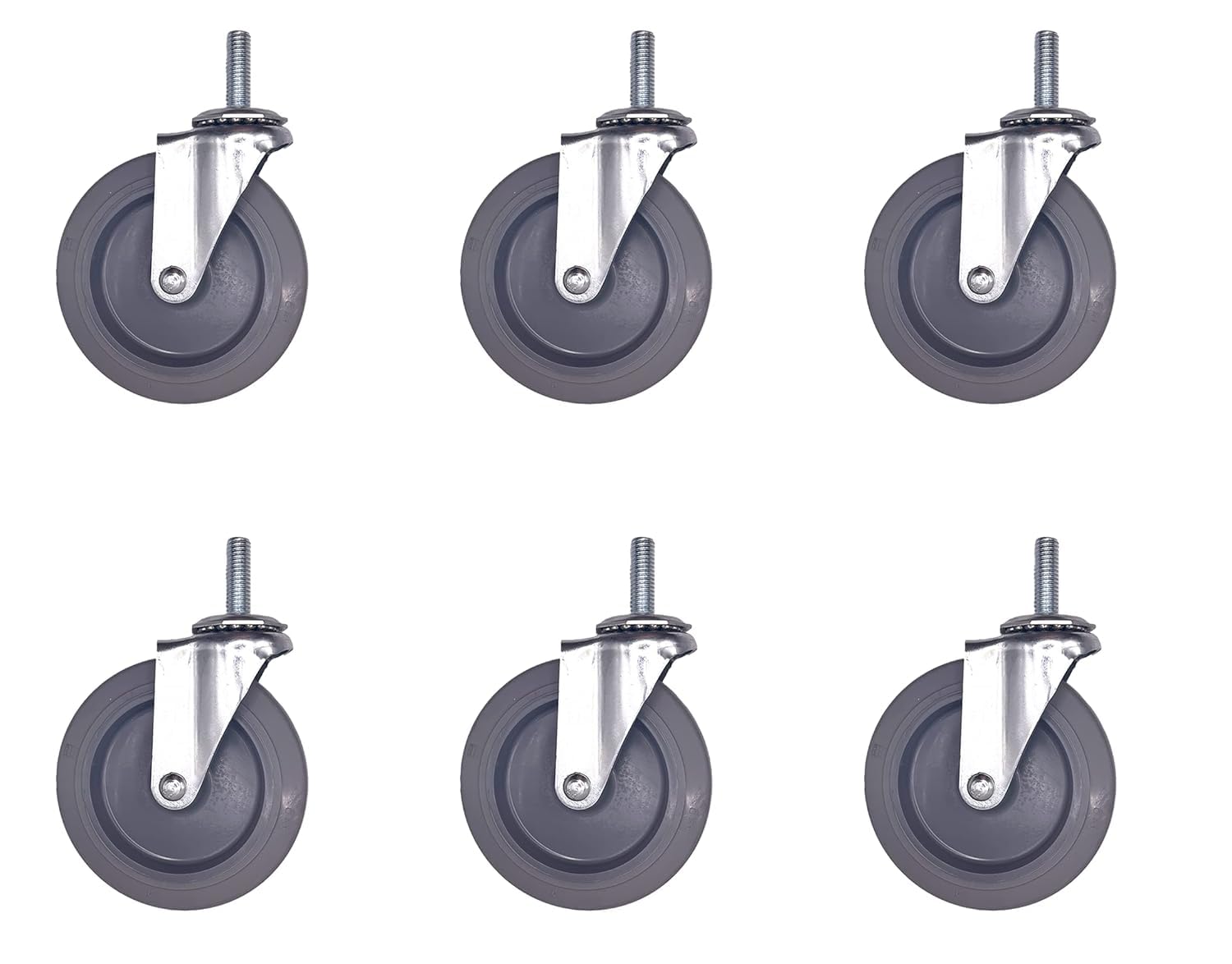 5” Light Duty Threaded Stem Caster Wheels 6 Pack, Mirage Grey Non-Marking Rubber, Smooth Rolling, 140 lbs Each / 560 lbs Total Load for 4, ½”-13 × 1-1/2” Stem
