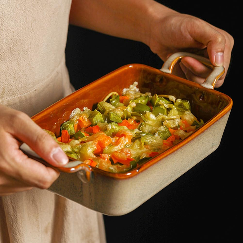 Dxcaicc Plato para Lasaña Rectangular De Cerámica Marrón para Hornear, 2 Piezas, Diferentes Tamaños Disponibles, Bandeja para Hornear con Doble Asa, Mayor Vida Útil,6.5inches